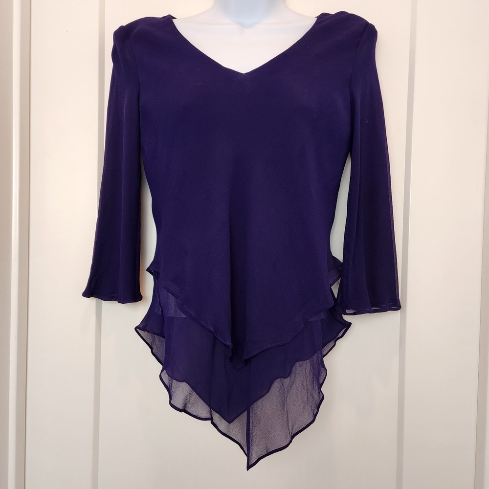 Vintage 100% Silk Handkerchief Hem Blouse 8 Petite Navy‎ Blue Whimsigoth Fairy